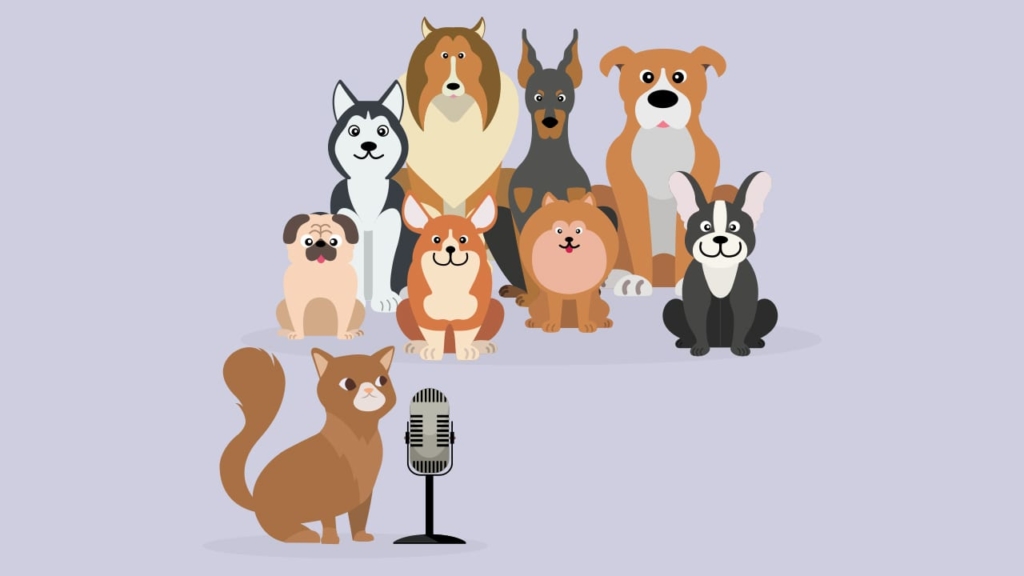 cat asking dogs for podcast reviews