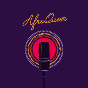 Afro Queer's podcast art is a microphone against a red, gold and purple background with intricate designs making a halo around the mic. 