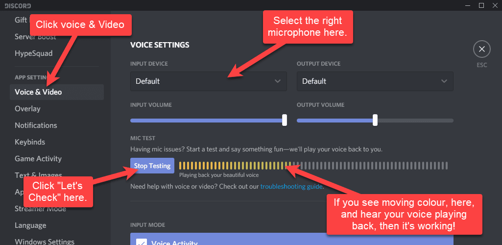 The Discord mic test and audio settings screen