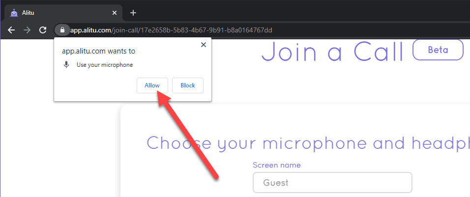 microphone permissions popup in the browser