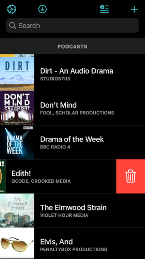 To delete a podcast from a user's library in Overcast, slide it over and tap the bin.