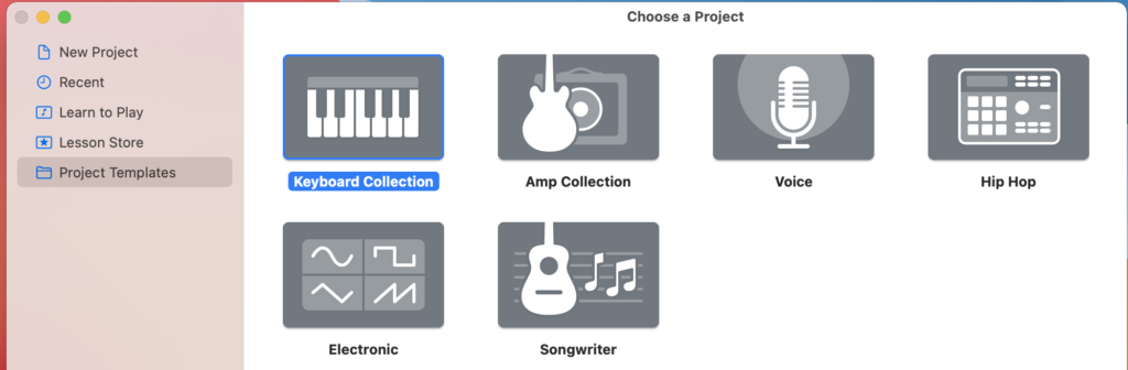 A view of project template choices in Garage Band