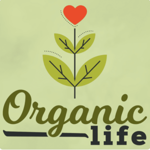 On a green field, a growing plant with a red heart at its apex, and the text Organic Life